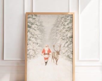 Vintage Santa Claus Reindeer Print | Antique Christmas Wall Art, Old World Holiday Painting, Traditional Nostalgic Home Decor, Printable Art