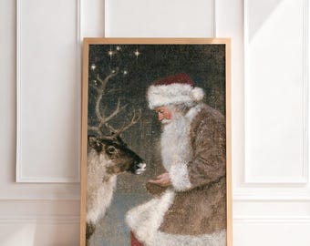 Vintage Santa Reindeer Print | Antique Christmas Wall Art, Moody Old World Holiday Painting, Traditional Nostalgic Home Decor, Printable Art