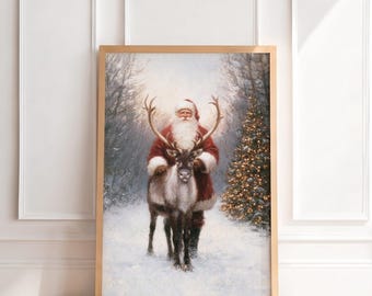 Vintage Santa Claus Print | Antique Christmas Wall Art, Reindeer, Winter Holiday Painting, Traditional Nostalgic Home Decor, Printable Art