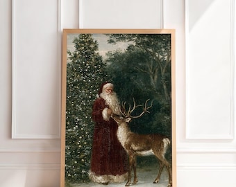 Vintage Santa Reindeer Print | Antique Christmas Wall Art, Moody Old World Holiday Painting, Traditional Nostalgic Home Decor, Printable Art