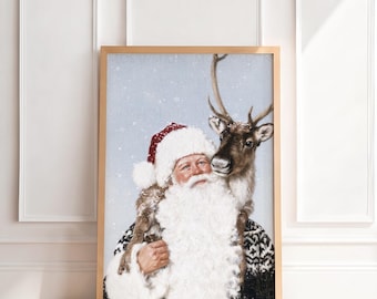 Vintage Santa Claus Reindeer Print | Antique Christmas Wall Art, Old World Holiday Painting, Traditional Nostalgic Home Decor, Printable Art
