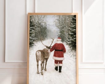 Vintage Santa Claus Reindeer Print | Antique Christmas Wall Art, Old World Holiday Painting, Traditional Nostalgic Home Decor, Printable Art