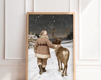 Vintage Santa Reindeer Print | Antique Christmas Wall Art, Moody Neutral Holiday Painting, Traditional Nostalgic Home Decor, Printable Art