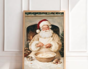 Vintage Santa Kitchen Print | Antique Christmas Wall Art, Santa Baking Holiday Painting, Traditional Nostalgic Home Decor, Printable Art