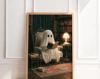 Ghost Reading Book in Armchair Art Print, Cozy Library Wall Decor, Reading Nook, Dark Academia, Spooky Art, Printable Art