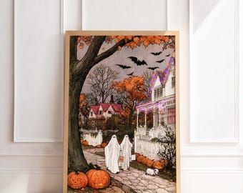 Halloween Scene, Trick or Treat Art Print, Ghost Walking Dog, Vintage Halloween Neighborhood Wall Decor, Printable Art