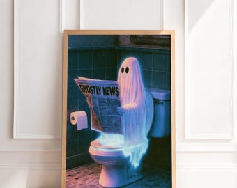 Ghost Reading Newspaper on Toilet Art Print, Funny Bathroom Wall Decor, Ghostly News, Spooky Restroom Art, Printable Art
