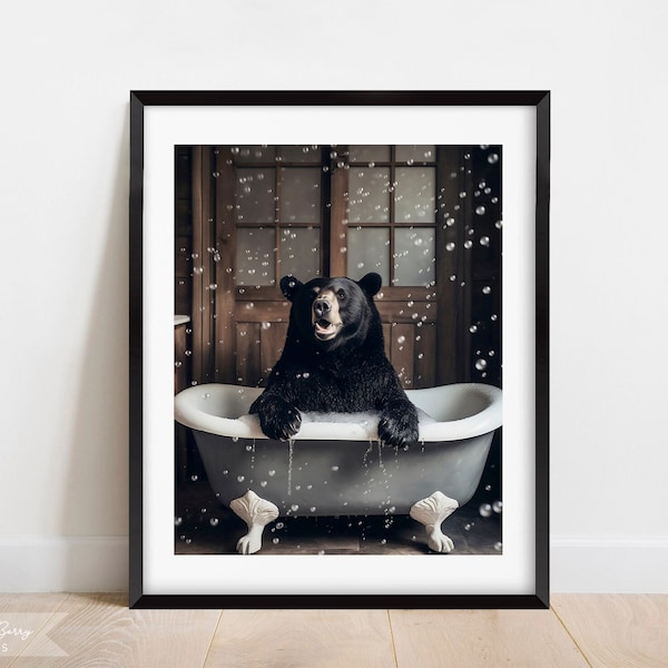 Black Bear in a Bubble Bath Wall Art | Clawfoot Tub | Home Decor | Bathroom Art | Cute Funny | Instant Download | Digital | PRINTABLE