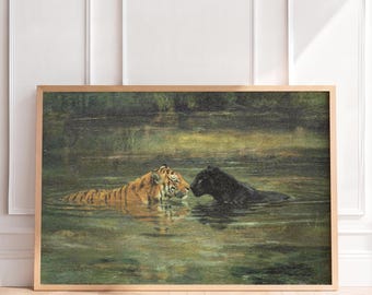 Tiger and Black Panther in Water Wall Art Poster, Living Room Decor, Vintage Moody Art, Fine Art Decor, Dark Academia Poster, Poster