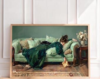 Vintage Woman Reading Sofa Wall Art, Black Cat, Slippers, Book, Cozy Living Decor, Reading Nook Library Art, Poster