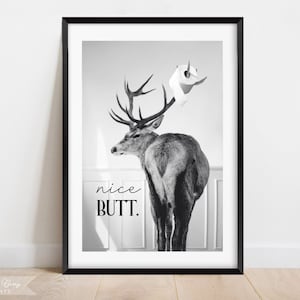Divertente "Bel sedere" cervo da parete per il bagno / Corna di carta igienica / Decorazione per il bagno / Bianco e nero / Download immediato / Digitale / STAMPABILE