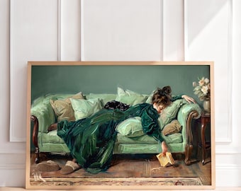 Gemütliches Bild: Lesende Frau auf dem Sofa, schlafende Katze, stimmungsvolles grünes Ölgemälde, Wandbild im Stil von Dark Academia fürs Wohnzimmer, Vintage-Buchdeko zum Ausdrucken