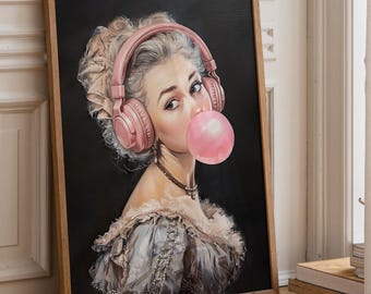 Vintage Bubble Gum Girl Wall Art, Victorian Portrait Print with Pink Headphones, Feminine Decor, Poster Print
