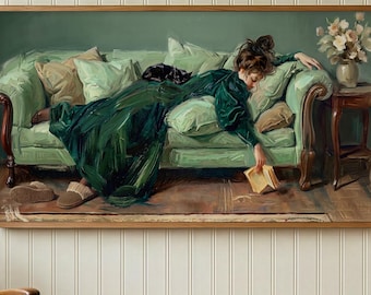 Vintage-Wandbild: Frau liest auf einem Sofa, schwarze Katze, Hausschuhe, Buch – Gemütliche Wohndeko, Kunst für Leseecke und Bibliothek, Poster