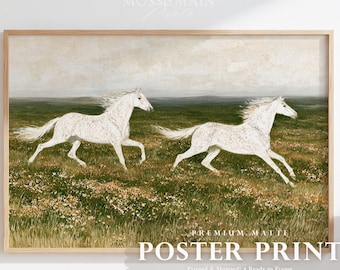 Gemälde: Gesprenkelte weiße Pferde auf einer Wildblumenwiese | Hochwertiges mattes Poster | Gedruckt und versendet!