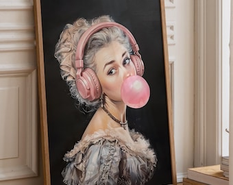 Vintage Bubble Gum Girl Wall Art, Victorian Portrait Print with Pink Headphones, Feminine Decor Poster (Digital Print, Instant Download)