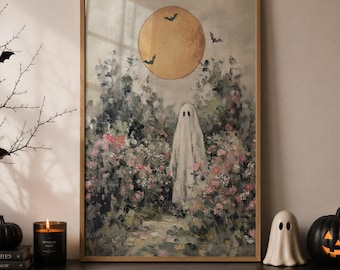 Spooky Ghost Poster, Moody Wildflower Art, Moon and Bats, Vintage Halloween Print, Cute Ghost in Garden, Dark Academia Wall Art, Poster