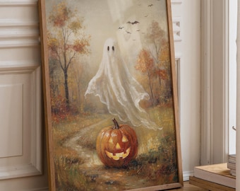 Ghost and Pumpkin Halloween Poster Wall Art, Bats, Autumn Landscape, Vintage Storybook Print, Whimsical Fall Decor, Spooky Halloween, Poster