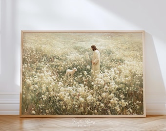 Jesus Leaves The 99, Religious Wall Art, Flower Field, Christian Wall Decor, Jesus With Lamb, Faith Based Home Decor, Neutral Poster