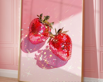 Pink Disco Strawberry, Trendy Kitchen Decor, Funky Fruit Art, Dopamine Aesthetic, Colorful Wall Decor, Poster Print
