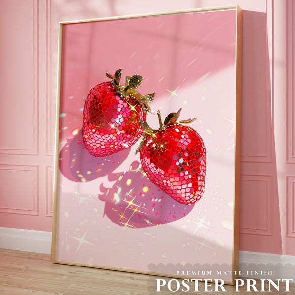 Pink Disco Strawberry, Trendy Kitchen Decor, Funky Fruit Art, Dopamine Aesthetic, Colorful Wall Decor, Poster Print