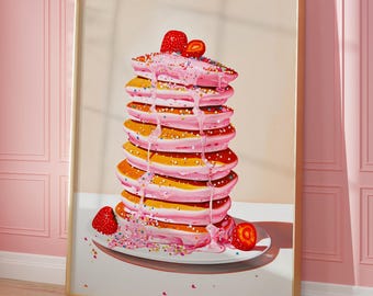 Strawberry Pancakes Wall Art Printable, Pink Pancakes Stack, Kitchen Decor, Sweet Breakfast Retro Poster (Digital Print, Instant Download)