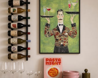 Bar Cart Decor, Vintage Gentleman Cocktail Waiter Wall Art, Whimsical Bar Server Print, Dining Room Art, Poster