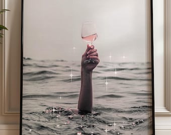 Saved the Wine, Rosé Wall Art, Hand Holding Wine Glass in Ocean Print, Gray Pink, Sparkle Magic, Funny Poster, Trendy Bar Cart Art, Poster