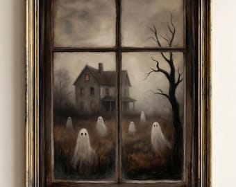 Vintage Halloween Wall Art | Ghosts In Window Painting | Dark Academia Decor | Spooky Haunted House Print | Printable Download