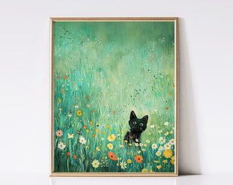 Lot De 2 Affiches Printemps Chat Noir Champ Fleurs - Impression Toile, 30x50 Cm Chaque - Décoration Murale Sage Green, Style Bohème - 9