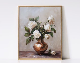 White Roses Oil Painting | Wall Art | Vintage Print | Still Life | Cottagecore | Flowers | Spring Decor | Fine Art | Antique Art | PRINTABLE