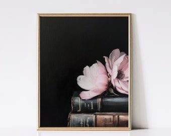 Vintage Books Oil Painting | Wall Art | Vintage Print | Cottagecore | Flowers | Moody Academia Print | Digital Instant Download | PRINTABLE