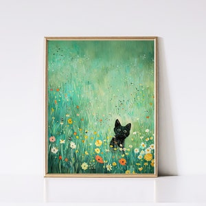 花柄の黒猫 | ウォールアート | ビンテージプリント | 野の花 | マキシマリストな装飾 | カラフルな折衷主義 | すぐにダウンロード | 印刷可能