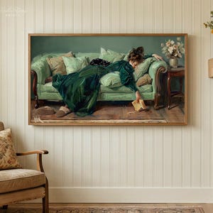 Vintage Woman Reading Sofa Wall Art, Black Cat, Slippers, Book, Cozy Living Decor, Reading Nook Library Art, Poster