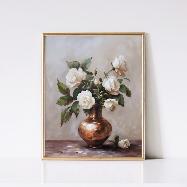 White Roses Oil Painting | Wall Art | Vintage Print | Still Life | Cottagecore | Flowers | Spring Decor | Fine Art | Antique Art | PRINTABLE
