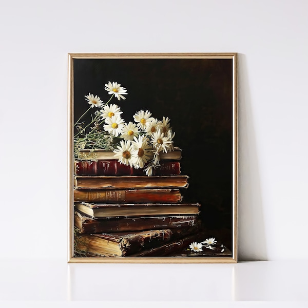 Vintage Stack of Books Oil Painting | Wall Art | Moody Vintage Print | Flowers | Spring Decor | Academia | Instant Download | PRINTABLE