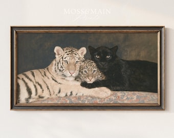 Großkatzen-Porträt als Kunstdruck | Tiger, Leopard, Panther | Vintage-Wandkunst im Stil der Dark Academia | Zum Ausdrucken herunterladen