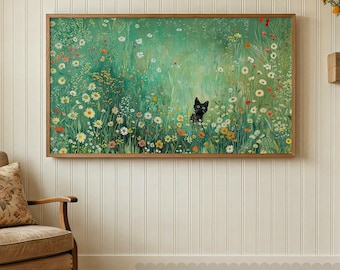 Black Cat Wall Art Printable, Cute Peeking Cat in Wildflower Meadow, Cottagecore Floral Landscape Art (Digital Print, Instant Download)
