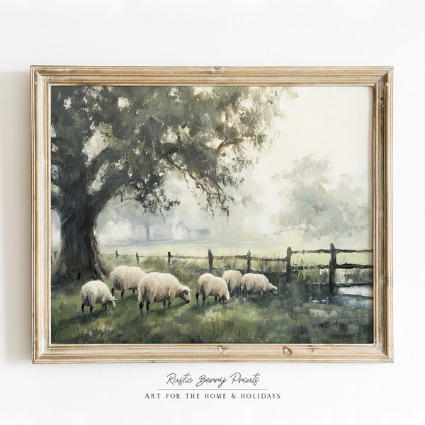 Sheep on Country Landscape | Vintage Oil Painting | Printable Wall Art | Country Farmhouse Decor | Instant Download | PRINTABLE