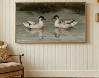 Zwei Stockenten schwimmen auf einem Teich – Ölgemälde | Hochwertiges mattes Poster | Gedruckt und versandt!