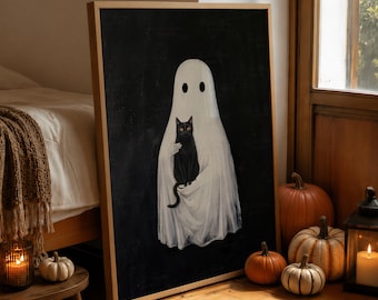 Ghost and Black Cat Halloween Poster Wall Art, Vintage Storybook Print, Whimsical Fall Decor, Spooky Halloween, Poster