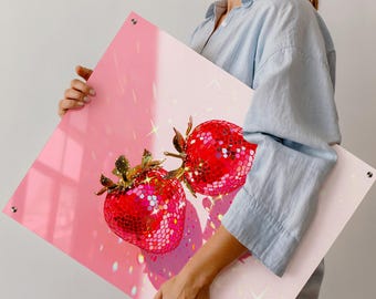 Acrylic Print, Pink Disco Strawberry, Trendy Kitchen Decor, Funky Fruit Art, Dopamine Aesthetic, Colorful Wall Decor, Acrylic Print