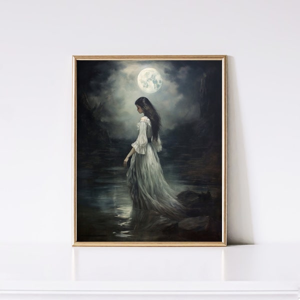 Moody Art Print Woman by Lake Under a Full Moon | Wall Art | Antique Art | Digital | Instant Download | PRINTABLE Art