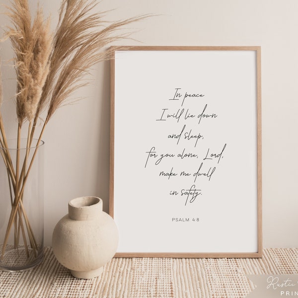 Psalm 4:8 Bible Quote Wall Art, "In peace I will lie down and sleep..." Modern, Minimalist, Printable, Bible Verse, Instant Download!