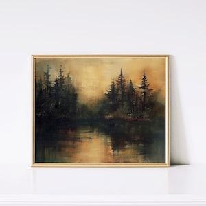 Vintage Moody Forest Lake Landscape Oil Painting | Wall Art | Rustic Print | Dark Tones Print | Pine Trees | Instant Download | PRINTABLE