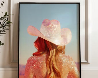 Cowgirl Wall Art, Western Aesthetic Poster, Sparkle Cowgirl Hat Art, Desert Sunset Print, Modern Western Decor