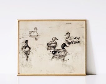 Vintage Ducks Sketch Art Print | Vintage Print | Cottagecore | Neutral | Antique Art | Digital | Instant Download | PRINTABLE