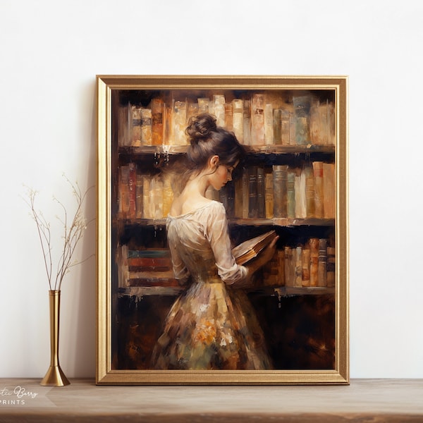 Woman in Library Oil Painting Wall Art | Old Books | Vintage Style Art | Home Decor | Study | Instant Download | Digital | PRINTABLE