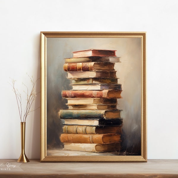 Stack of Old Books Oil Painting Wall Art | Academia | Vintage Style Art | Home Decor | Instant Download | Digital | PRINTABLE