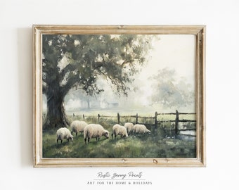 Sheep on Country Landscape | Vintage Oil Painting | Printable Wall Art | Country Farmhouse Decor | Instant Download | PRINTABLE